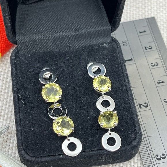 Vintage KN 925 Sterling Silver Yellow-Green Gemstone Dangle Earrings - Picture 4 of 17